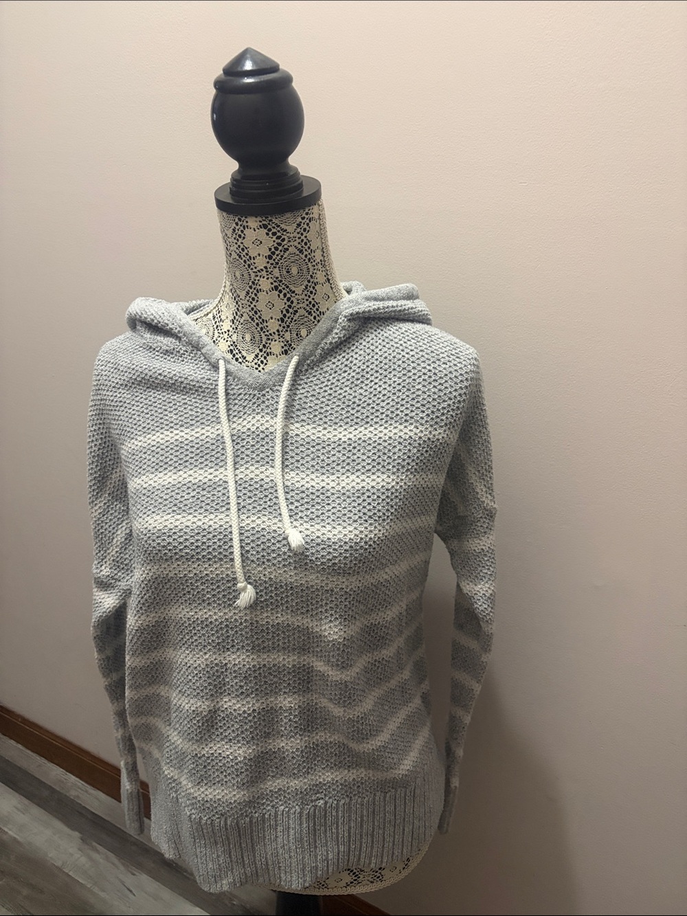Sonoma Light Gray & White Striped Hooded Knit Pullover